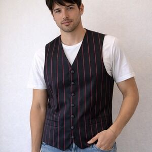 Alberto Celini Milan Italy Mens 40R Vest Black Red Pinstripe Formal Suit Vest